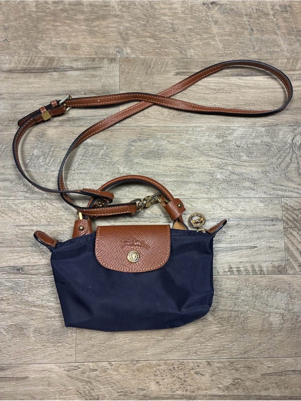 Longchamp Navy Crossbody with Brown Leather Trim and Gold Hardware